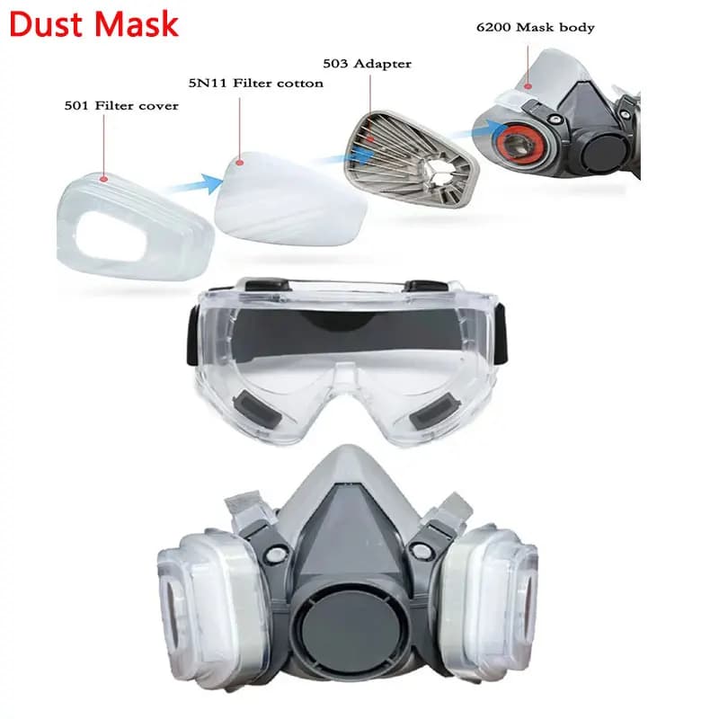 6200 Staub-Gasmaske, halbes Gesicht mit 5N11 Partikelfiltern, Schutzbrillen-Set für industrielle Arbeit, Staub, Farbe, Spray, Dekoration, Schleifen