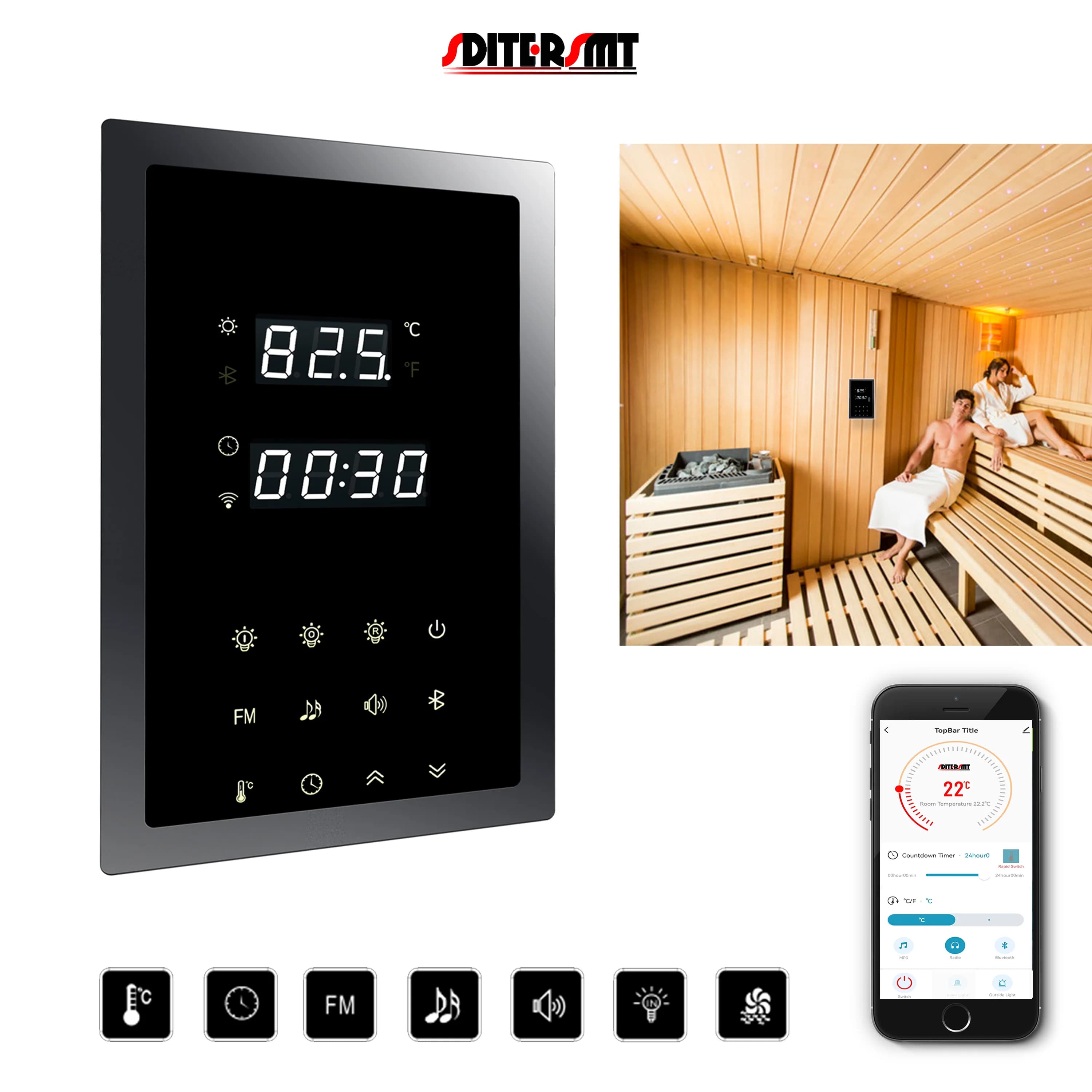 SDITER WIFI 380 V 9 kW elektrisches Heizungs-Bedienfeld für Sauna-Teile, Multifunktions-Temperaturlicht, Ventilator, Musik-Massagegerät-Schalter