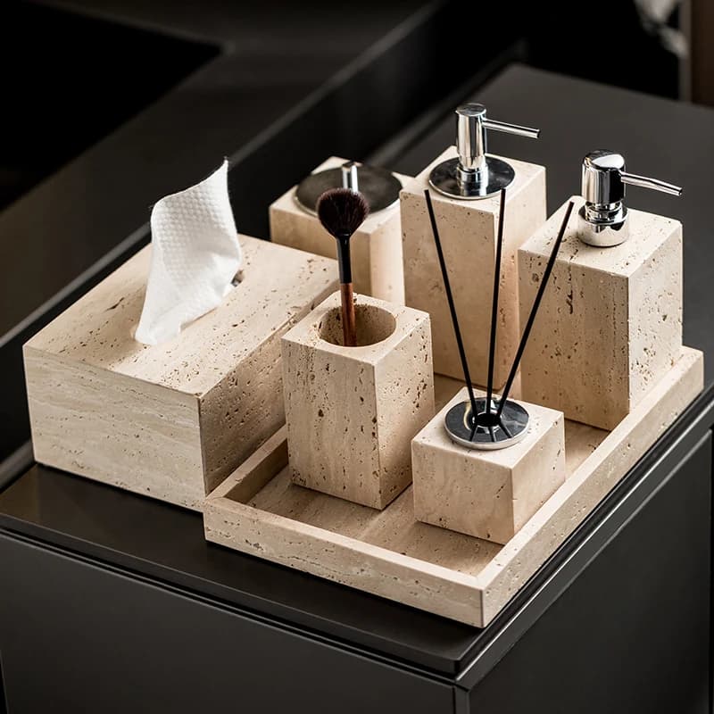 Badezimmer-Set aus beigem Travertin, natürlicher Marmor, Seifenspender, Reed-Diffusor, Taschentuchbox, Tablett, Badezimmer-Accessoires