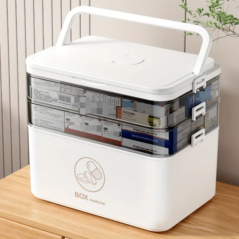 Medikamenten-Aufbewahrungsbox, tragbare 3-lagige Medikamentenbox, Erste-Hilfe-Box mit Deckel und Griff, Aufbewahrungsbox für Medikamente mit mehreren
