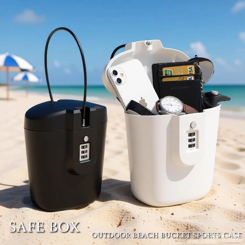 Tragbare Sommer-Strand-Safebox mit 3-stelligem Zahlenschloss und Stahlseil für Outdoor-Camping, Sport und Strand – Sicherheits-Aufbewahrungsbox