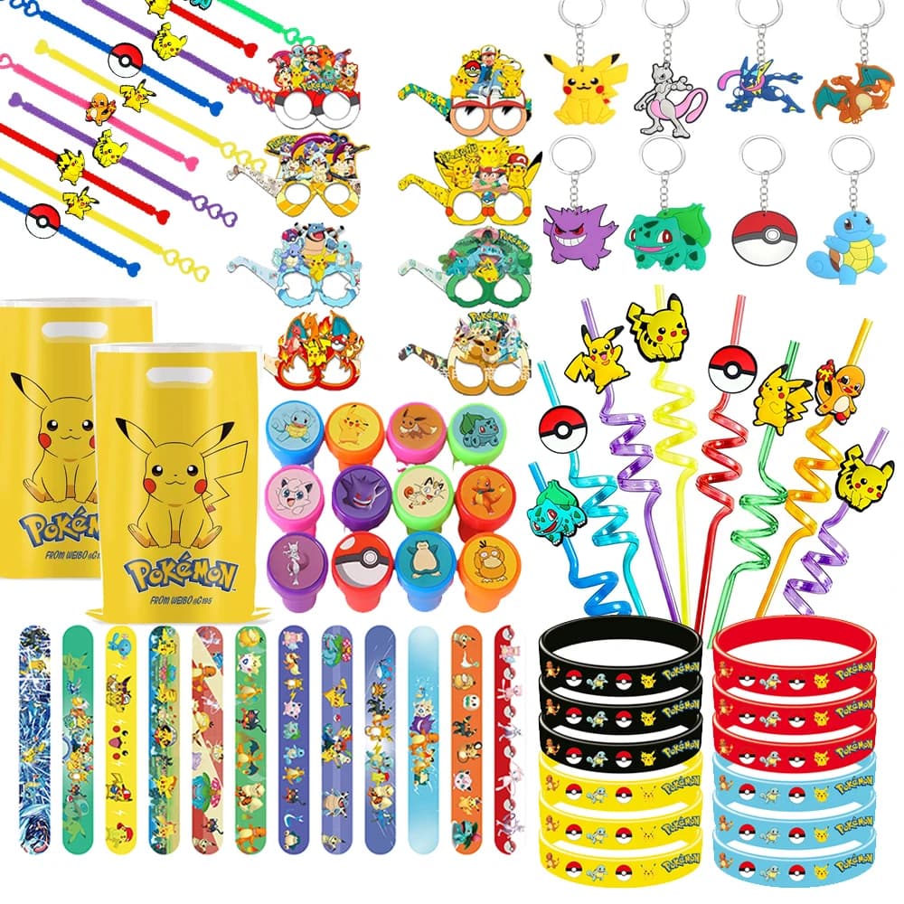Pokemon Geburtstagsparty-Zubehör Aufkleber Stempel Klatscharmbänder Schlüsselanhänger für Geschenktüten Füller Klassenzimmer-Belohnungen Preise