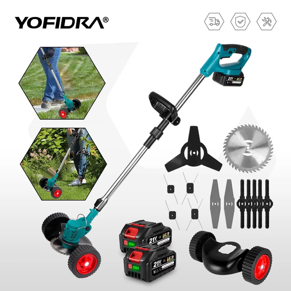 YOFIDRA Elektrischer Rasenmäher, kabelloser Garten-Grasschneider, 100-135 cm Schnittlänge, Elektrowerkzeug für Makita 21V Akku