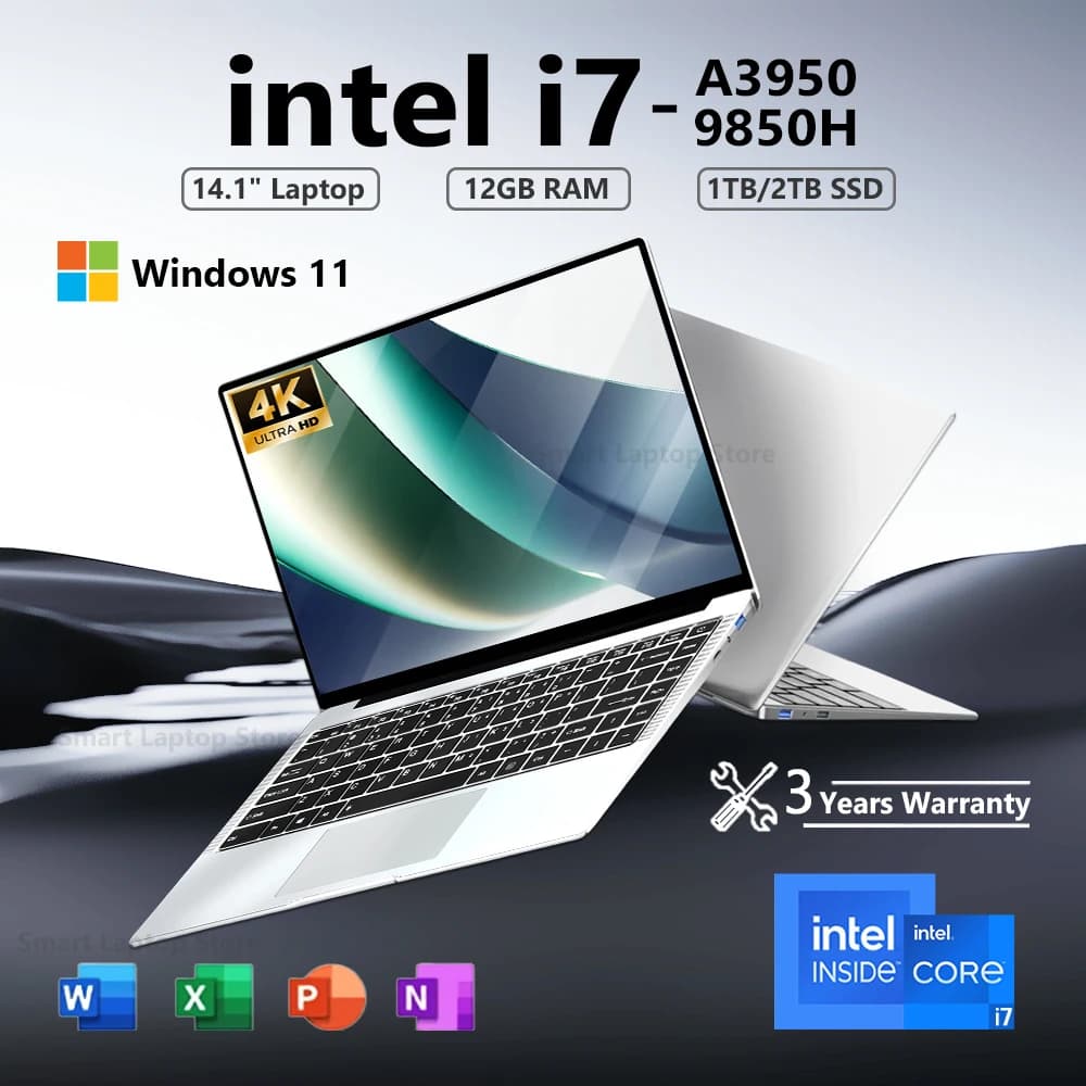 2026 Intel Core i7 9850H Intel A3950 Ultra Slim Laptop 14,1 Zoll Windows 11 Notebook-Computer 12 GB RAM 1 TB SSD Office-Studien-Laptop