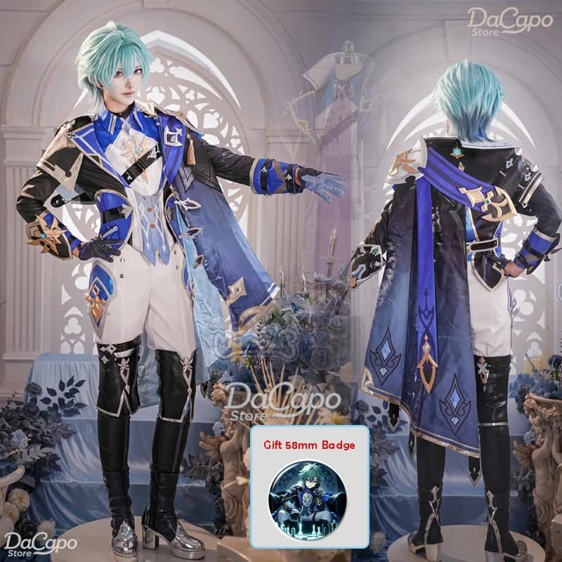 Genshin Impact Lohen Cosplay-Kostüm, Perücke, Requisiten, Spiel, Halloween, Unisex-Kleidung, Hosen, Ohrringe, komplettes Set Uniformen, Geschenk