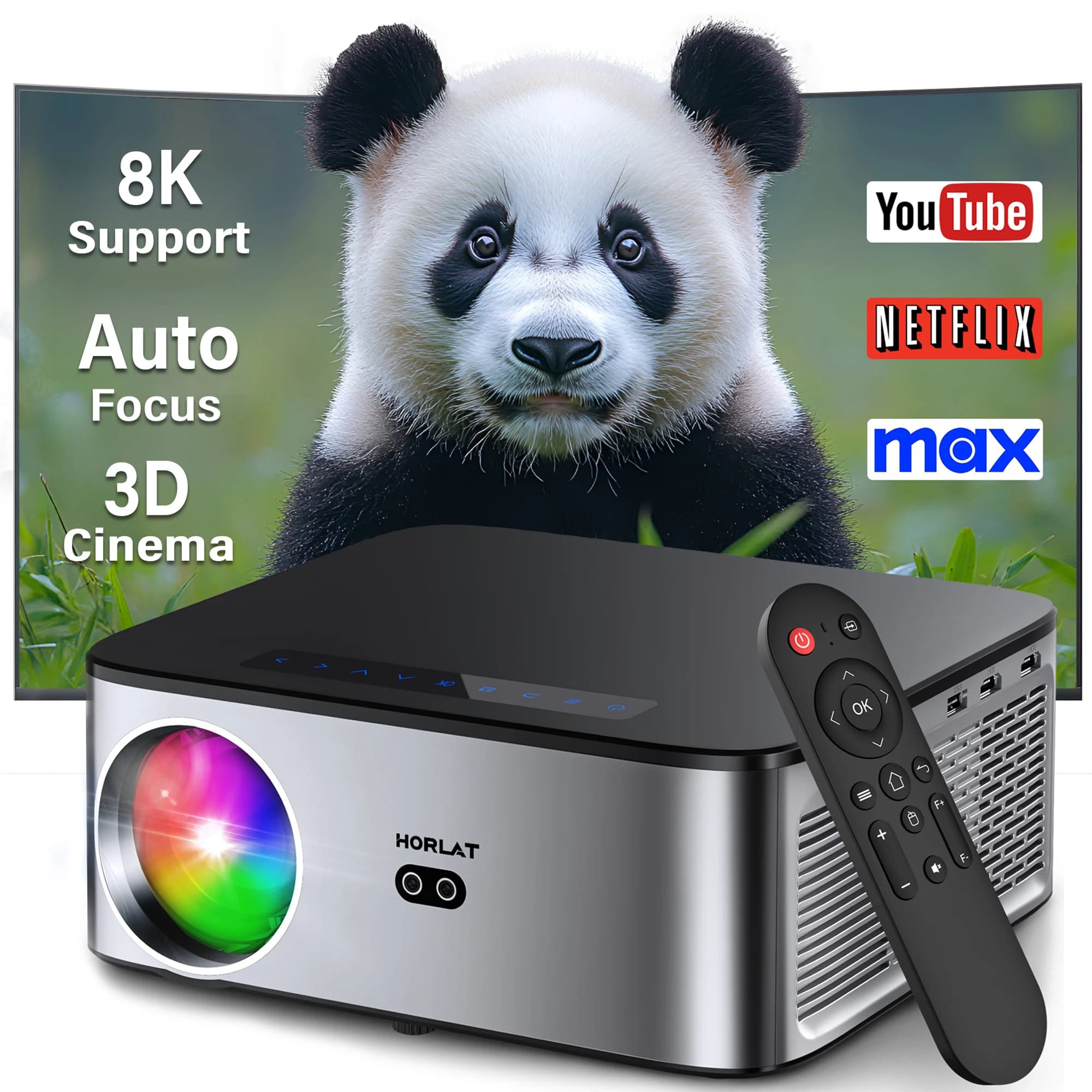 HORLAT 35000 Lumen LCD-Projektor Android Beamer 8K-Unterstützung 1080P Nativ Dual-Band WLAN 6 Autofokus Keystone Büro Heimkino