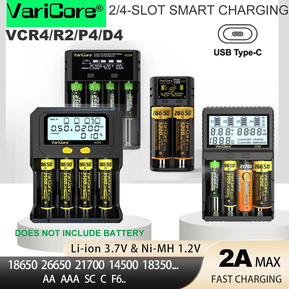 VariCore VCR4 P4 D4 R2 18650 Smart-Akkuladegerät für 3,7 V Li-Ion 21700 26650 18350 18500 3,2 V LiFePO4 32700 1,2 V Ni-MH AA AAA
