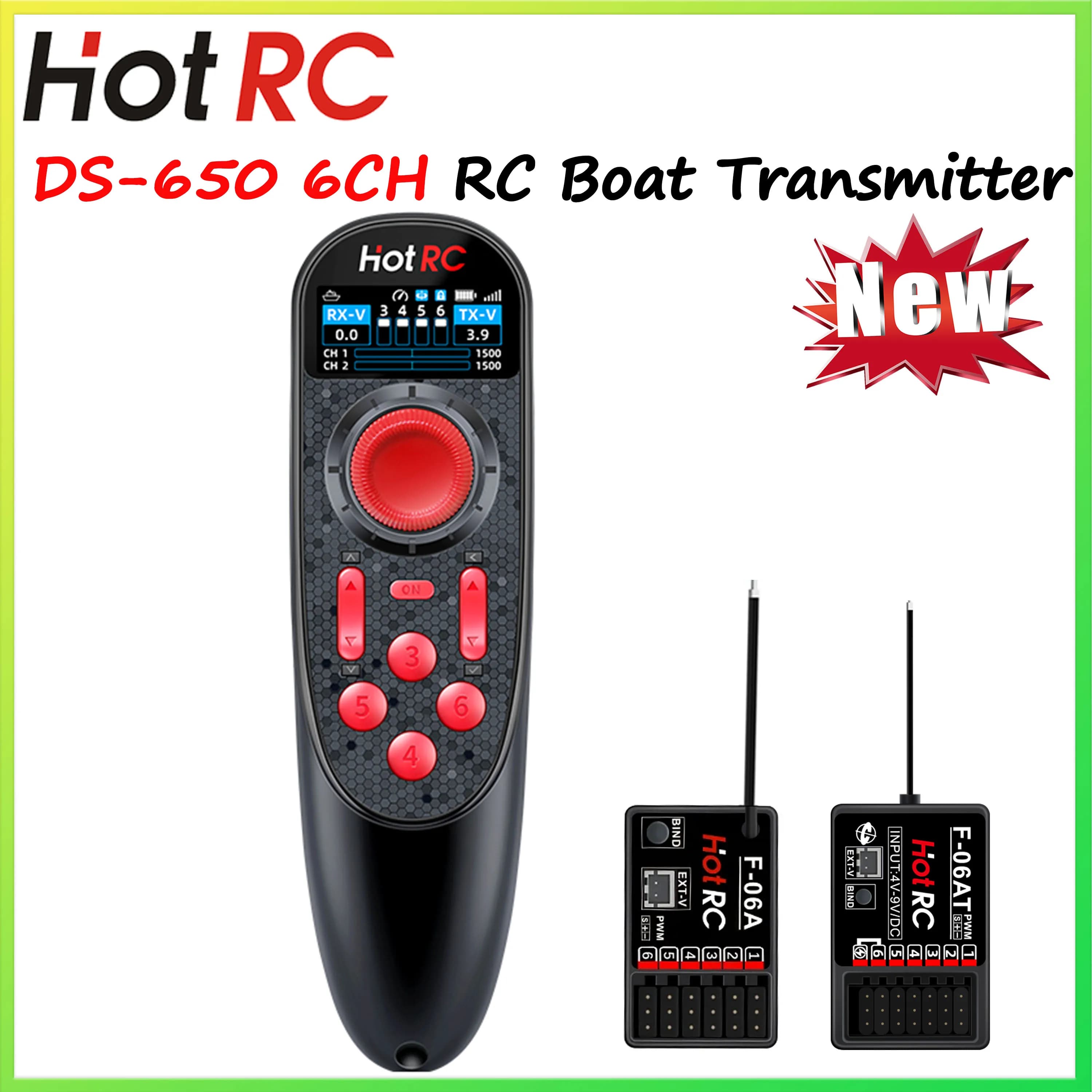 NEUE HOTRC DS-650 6CH 2,4G Radio System Sender Farbe Bildschirm Fernbedienung F-06A Empfänger DS600 Upgrade für RC Boot Modell