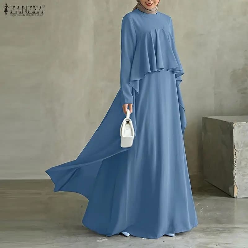 ZANZEA Damen Elegantes Langarm-Muslim-Abaya-Kleid Robe Femme Stilvolles Rüschen-Maxikleid Einfarbiges Loses Ramadan-Sommerkleid Kaftan