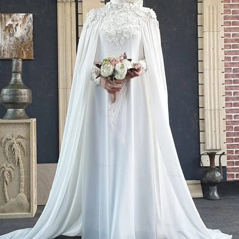 Ciynsia Hijab Muslim Brautkleider für die Braut, maßgeschneiderte Chiffon-Abaya-Robe mit langen Ärmeln, islamisches Brautkleid mit Umhang