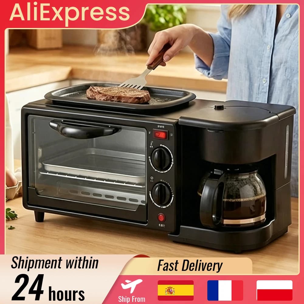 Multifunktionale Frühstücksmaschine 3-in-1 Frühstückszubereiter Kaffeemaschine, Frühstücksstation mit 600 ml Kaffeemaschine + 9 L Ofen +