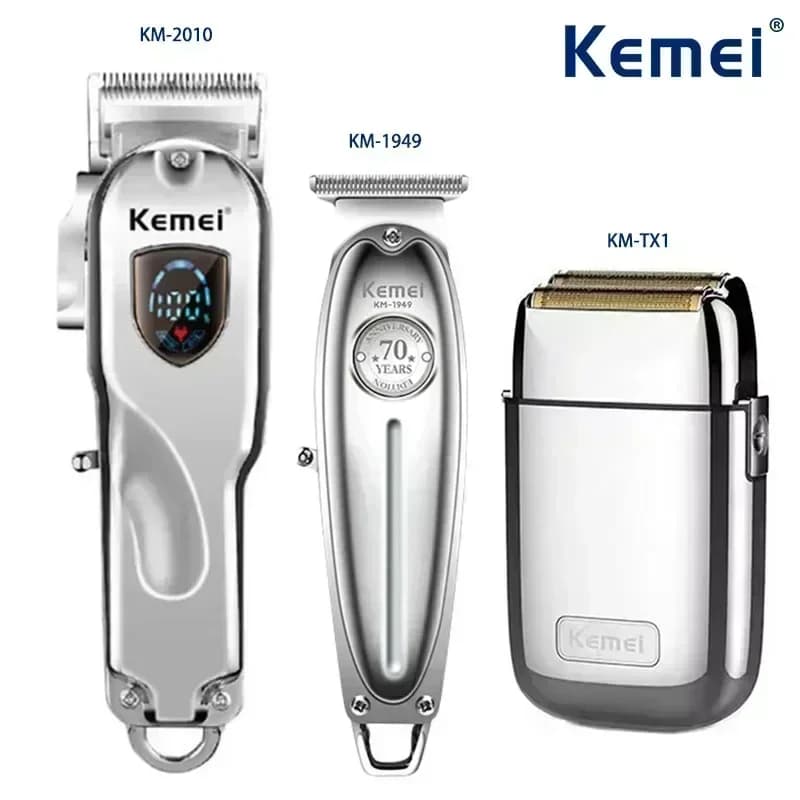 Kemei Haarschneider KM-TX1 KM-2010 KM-1949 Professioneller elektrischer Trimmer mit Metallgehäuse, wiederaufladbarer Herrenrasierer, Gold und Silber