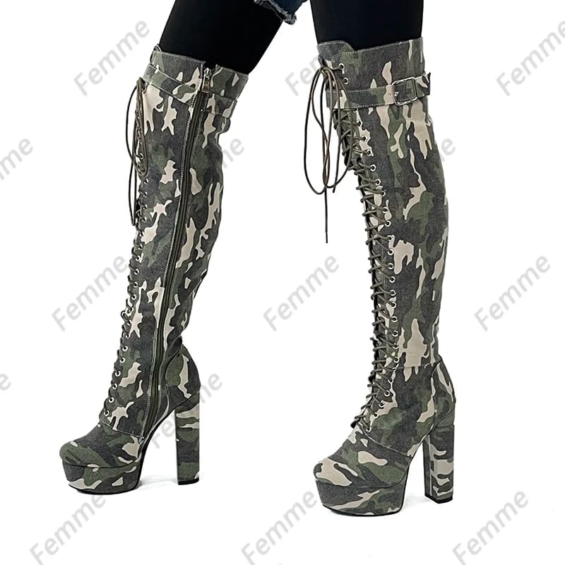 Ronticool Frauen Winter Über Das Knie Stiefel Unisex Volle Seite Zipper Block Heels Runde Kappe Camouflage Casual Schuhe UNS Größe 5-20