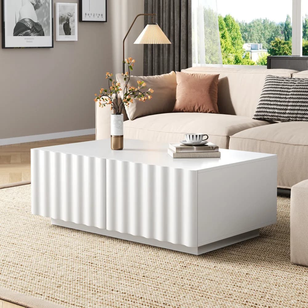 Moderner Minimalistischer Wellenmuster-Couchtisch mit 2 Schubladen, Praktischer Wohnzimmer-Teetisch mit Stauraum, Robustes Stilvolles