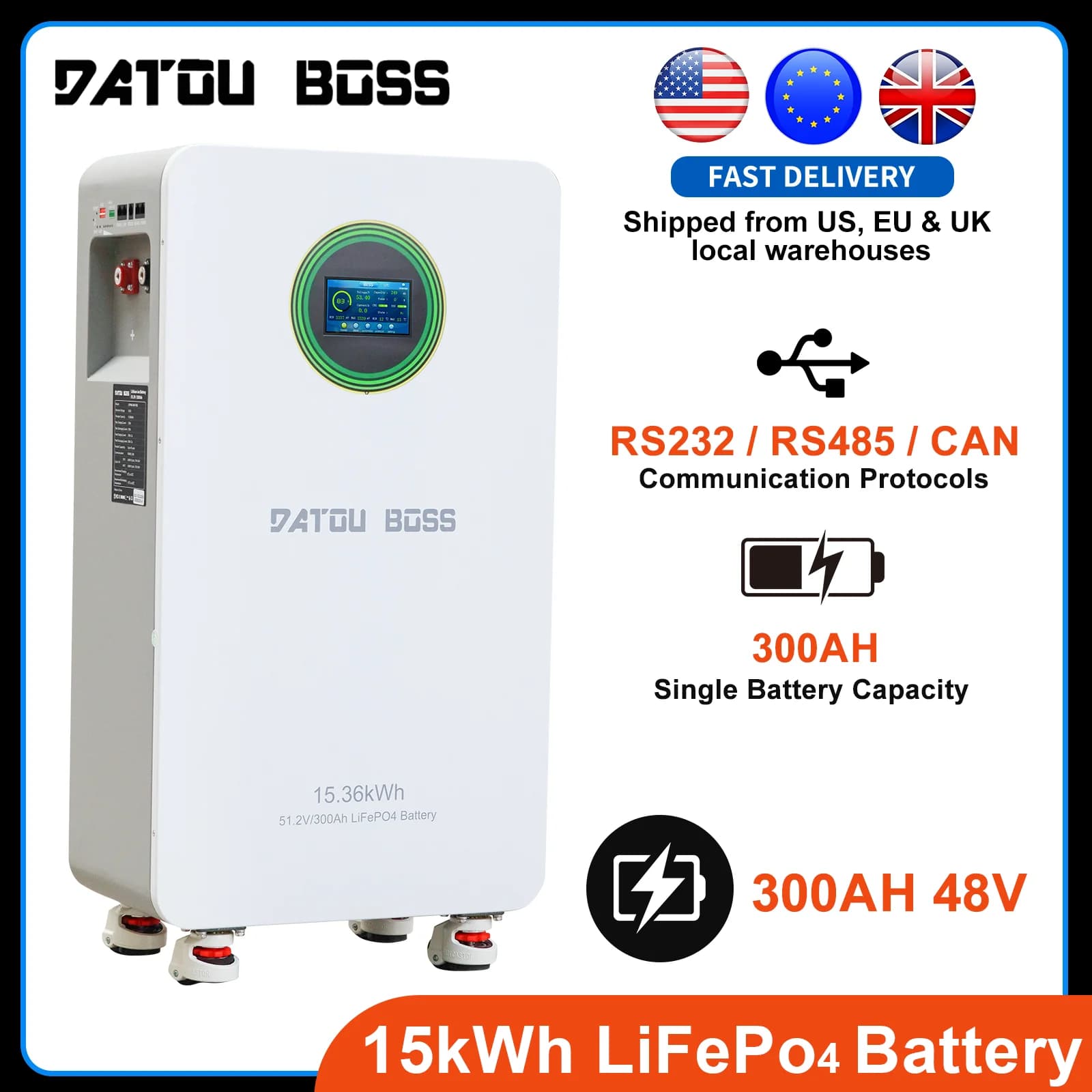 DATOUBOSS 15 kWh Lifepo4-Batterie 300 Ah 48 V 8000 Zyklen unterstützen mit Touchscreen Datouboss abnehmbarer LiFePo4 für den Wohnmobilgebrauch