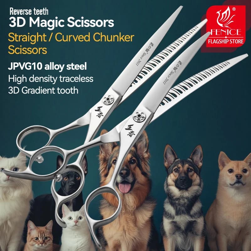 Fenice VG10 Stahl 7 Zoll 3D Umkehrzähne Magische Schere Haustier Hund Pflege Gerade/Gebogene Chunker Schere Lager Schrauben 60-70 %
