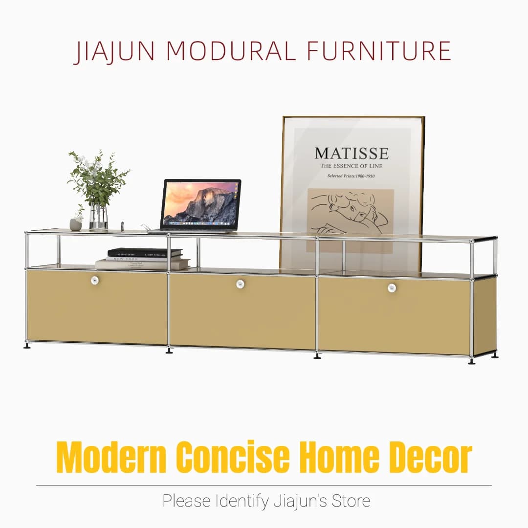 Moderner modularer niedriger TV-Schrank | 3-stöckiges Sideboard mit fallenden Türen | Stahlrahmen-Aufbewahrungsbank |   Minimalistische