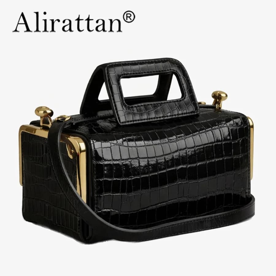 Alirattan 2026 Neuerscheinung Damen Schwarze Retro-Handtasche, Luxus-Designer Goldbeschlag Strukturierte Schulter-Crossbody-Tasche
