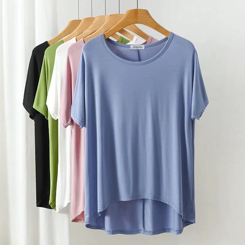 Lockeres Modal-Nachtwäsche-T-Shirt, kurzärmelig, Sommer, Rundhalsausschnitt, übergroßes Pyjama-Oberteil, einteiliges Hemd mit Bodenbildung,