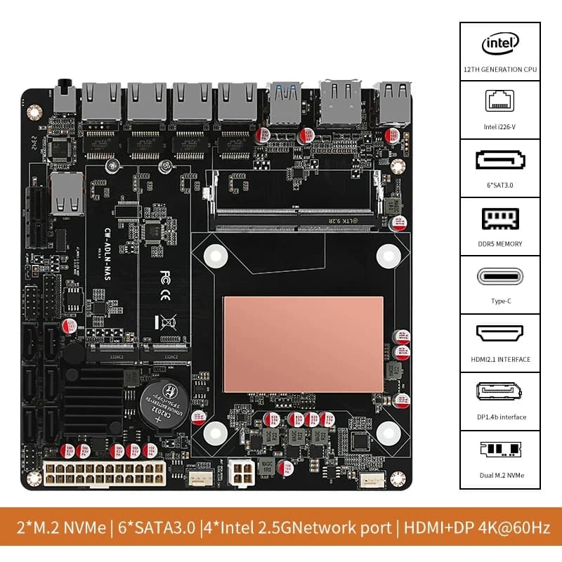 N100/N150 6-Bay NAS-Motherboard 4x 2,5G-Netzwerkkarte 6x SATA3.0 2x M.2 NVMe DDR5 17x17 Mini-ITX-Motherboard Mit PCIE DIY NAS