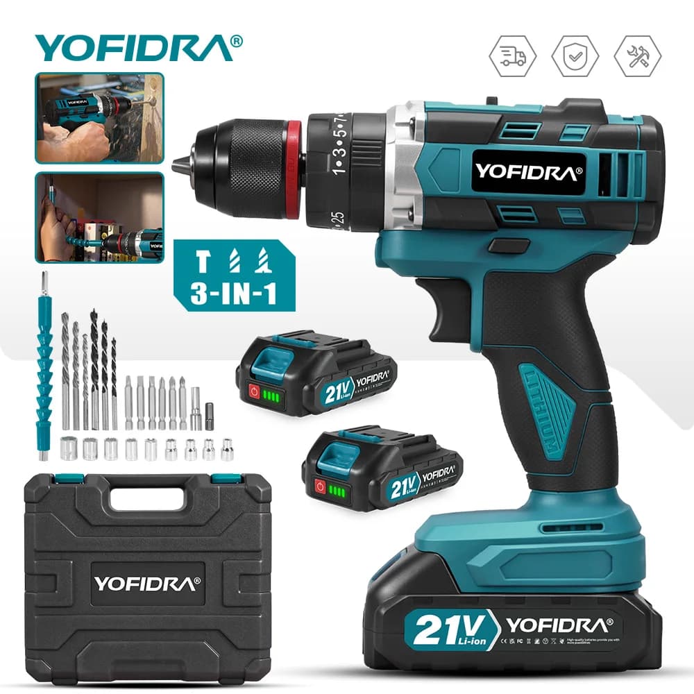 YOFIDRA Elektrischer Schlagbohrer 25+3 Drehmomentstufen, Handgeführter Akku-Schlagbohrer 3-in-1, Holzbearbeitungs-Elektrowerkzeug für Makita 21V