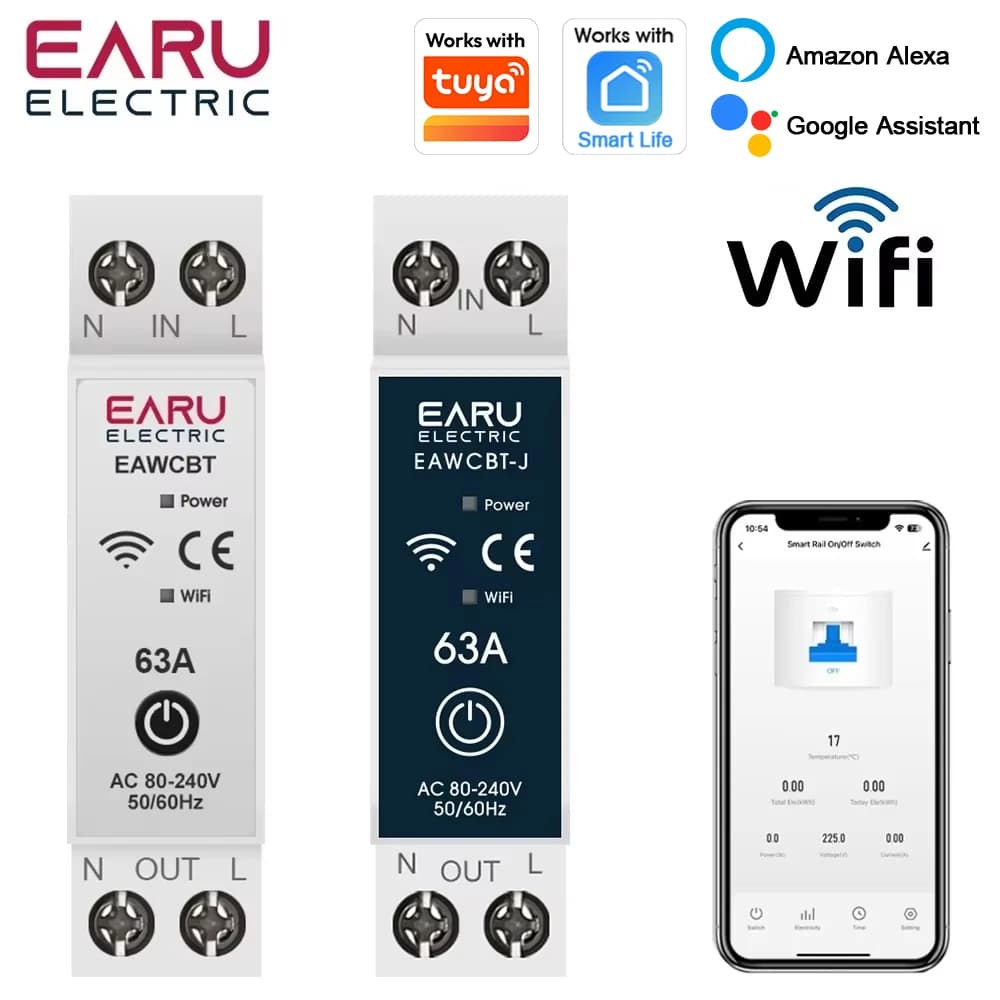 EARU Tuya MCB WiFi Intelligenter Schutzschalter 6-63A Zeitrelais Energie-KWh-Spannungs-Strommessgerät Schutzschalter Sprachfernbedienungsschalter
