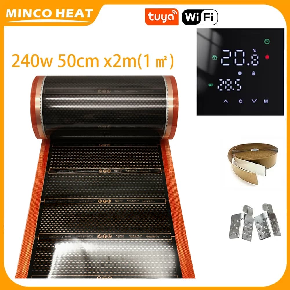Infrarot-Graphen-Fußbodenheizung, PTC-Heizfolie ㎡   AC220V 240 W/m2 Kits mit intelligenten WiFi-Thermostat-Clips, Isolierpasten