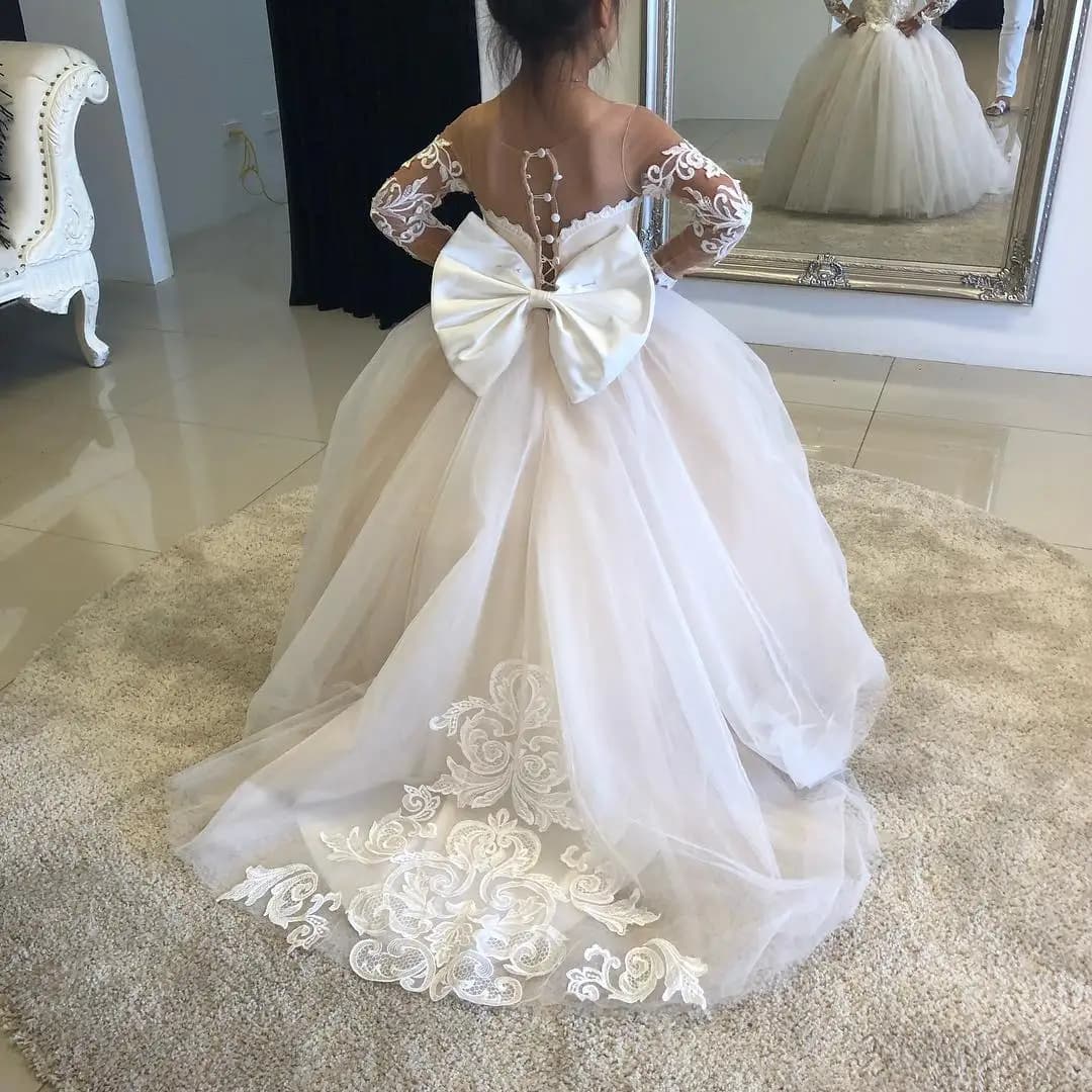 Kinder Erstkommunion Ballkleid Hochzeit Party Brautjungfer Kleid Kinder 3-9 Jahre Spitze Tüll Blumenmädchen Dress Up Knöpfe Schleifen