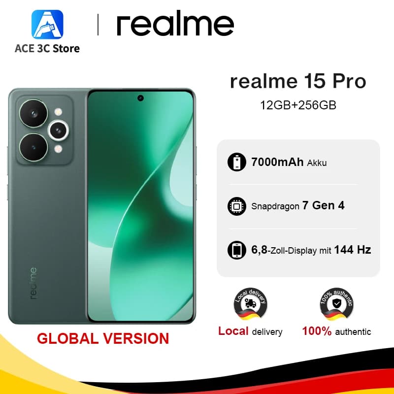 Globale Version realme 15 Pro 5G Smartphone Snapdragon 7 Gen 4 Chip 144 Hz HyperGlow 4D Curve+ Display Display 7000 mAh Akku