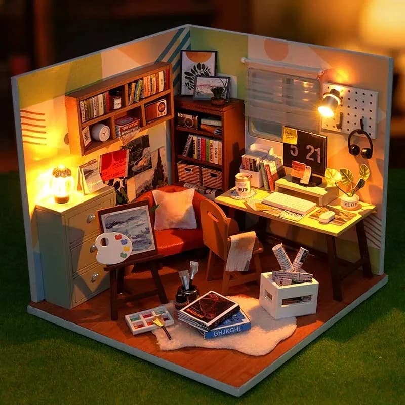 Hölzernes Miniatur-Puppenhaus DIY-Set, Möbelset Handgefertigtes Modellbau-Spielzeug für Kinder Mädchen Geburtstagsgeschenk