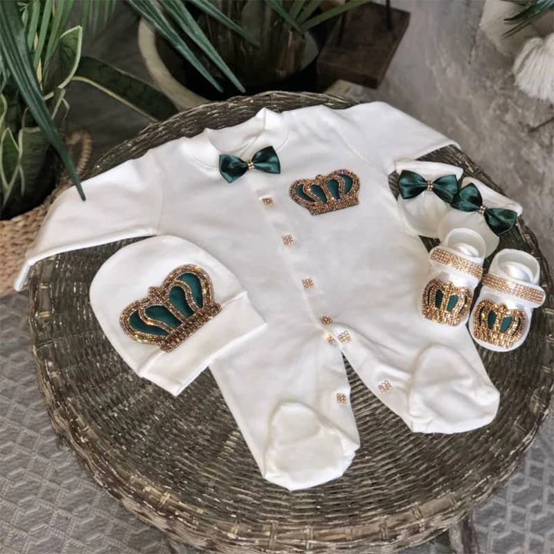 Dollbling Smaragd-Gold Kristall Luxus Baby Bling Strampler-Set „Mein 1. Geburtstag“ Fotografie 4-teiliges Set mit Strampler, Mütze, Fäustlingen