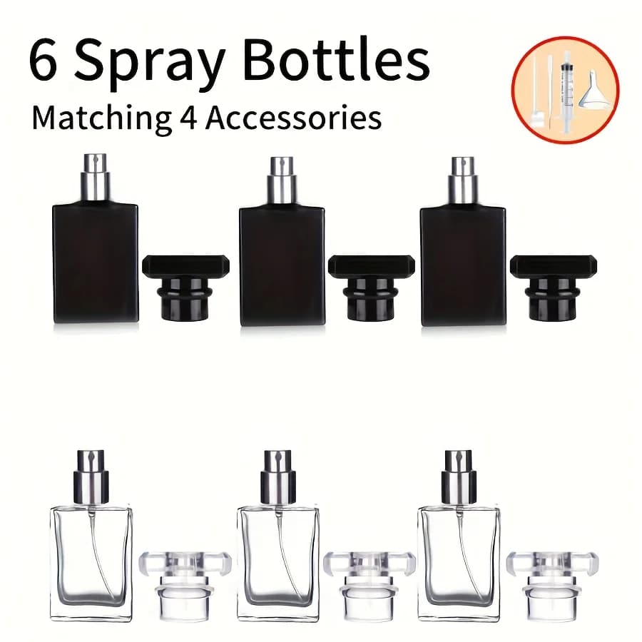 6 Stück + 4 Zubehör 30 ml/1 oz klare schwarze nachfüllbare Parfümflasche, tragbare quadratische leere Glasparfüm-Nebelflasche.