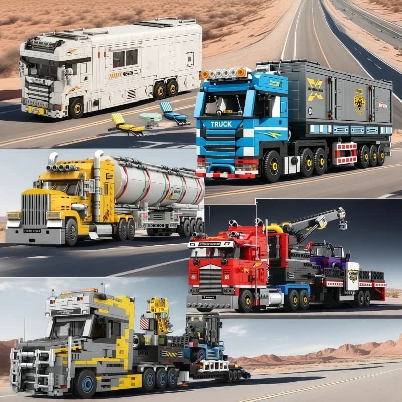 Neue Schwerlast-LKW-Bausätze in verschiedenen Ausführungen, darunter Container, Tankwagen, Kräne und Wohnmobilkonstruktionen.