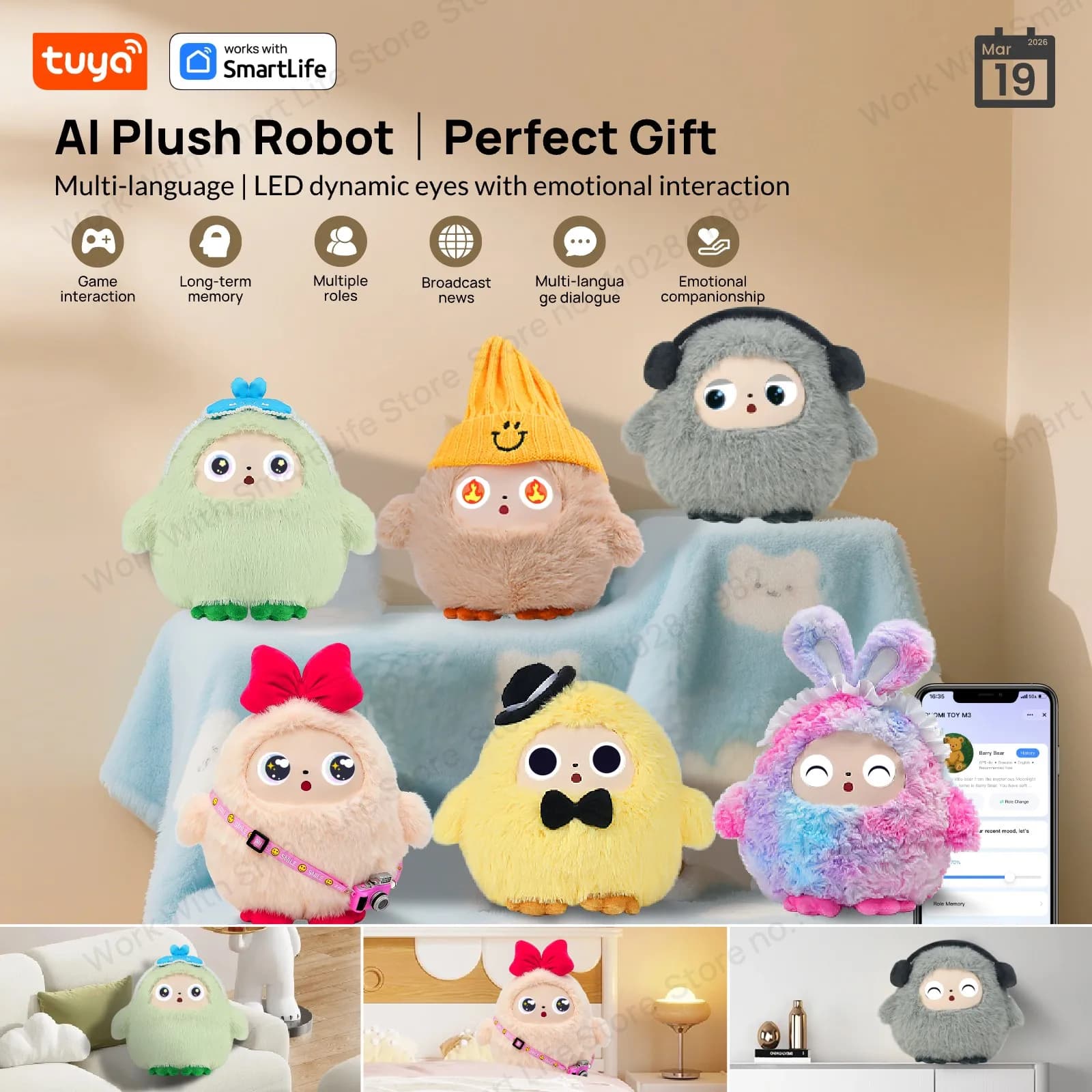 Tuya Smart AI Plüschroboter, Sprachinteraktives E-Haustier, Dynamische LED-Augen, Begleiter-Spielzeug, USB-Aufladbar, Geschenk für Alle