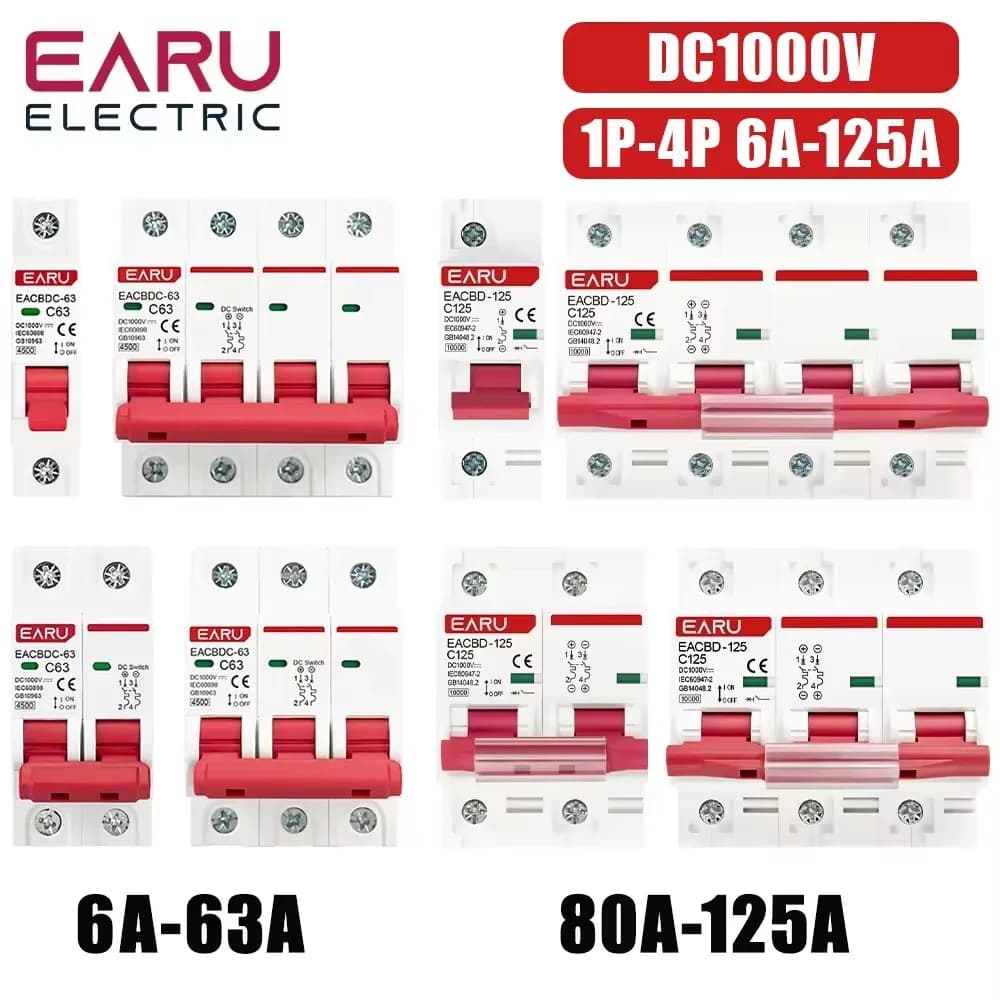 DC 1000V 1P 2P 3P 4P Solar Mini Leistungsschalter Überlastschutz Schalter6A ~ 63A/80A 100A 125A MCB für Photovoltaik PV System