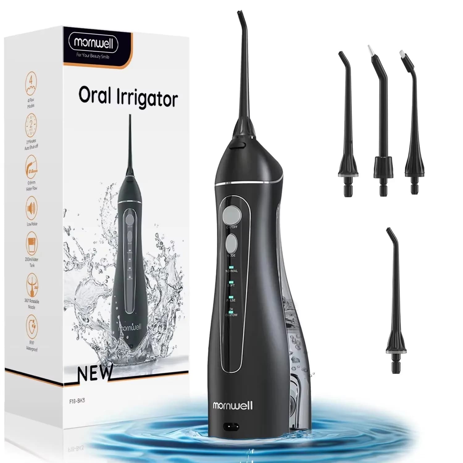 Tragbare F18 Wasserflosser, 4 Modi, Wasserfloss, USB wiederaufladbar, 4 Düsen, oraler Wasserstrahl, 200 ml Wassertank, wasserdicht