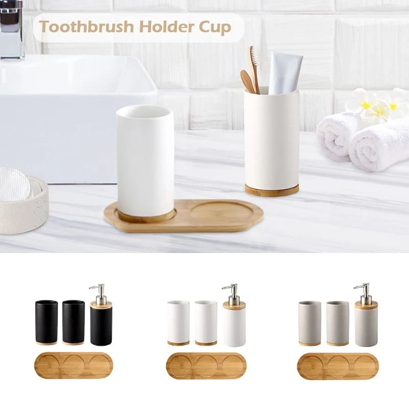 Keramik-Badezimmer-Set, feiner Keramikbecher, Seifenspender, Zahnbürstenhalter, Badezimmer-Accessoires, 3-teiliges Set mit Bambus-Basis-Dekoration