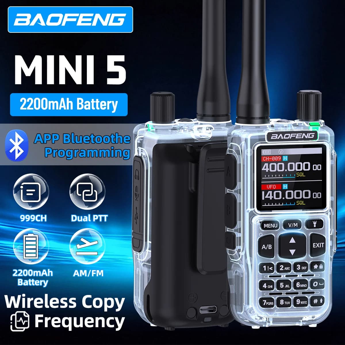 Baofeng Mini 5 Walkie-Talkie Upgrade 5R Mini Bluetooth-Programmierung Drahtlose Frequenzkopie Vollband Type-C Langstrecken-Amateurfunkgerät