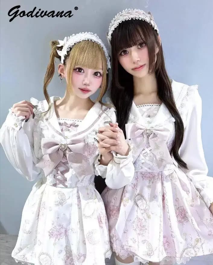 Japanische Liz Neue Frühling und Herbst Nette Große Schleife Langarm Lolita Kleid und Shorts Zwei-Stück Set Mädchen frauen Süße Outfits