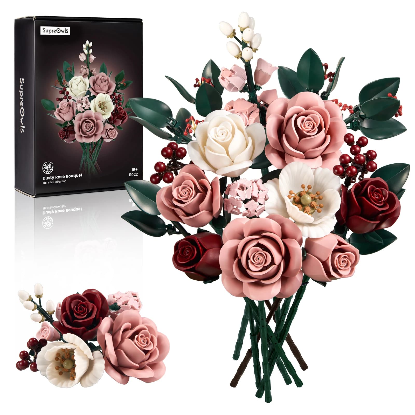 Rosa Rosen-Blumenstrauß-Bauset, künstliche Blumen, Pflanzen, Zuhause, Büro, Raumdekoration, Valentinstag, Weihnachtsgeschenke für Erwachsene und