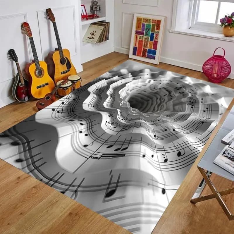 3D-Musical-Vortex-Teppich, dynamische Notiz- und Symbolwirbel im monochromen Druckteppich, Hypnotic Flow Illusion-Bodenmatte für Musikzimmer