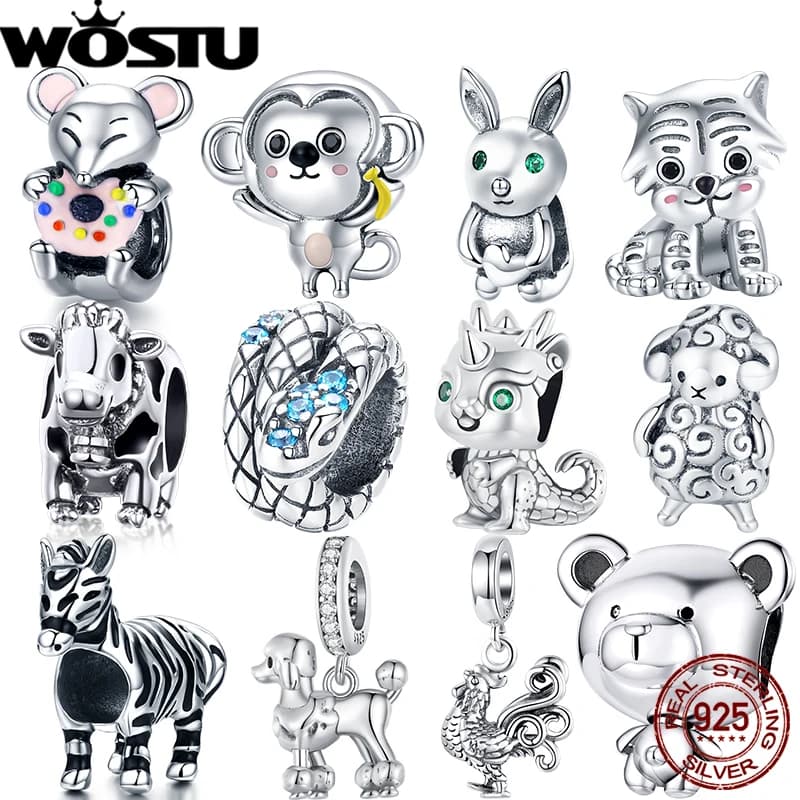 WOSTU Drachen-Charm aus 925er-Sterlingsilber, Retro-Tier-Verkennung, chinesische Sternzeichen-Perlen, passend für Original-Armbänder, Neujahr,
