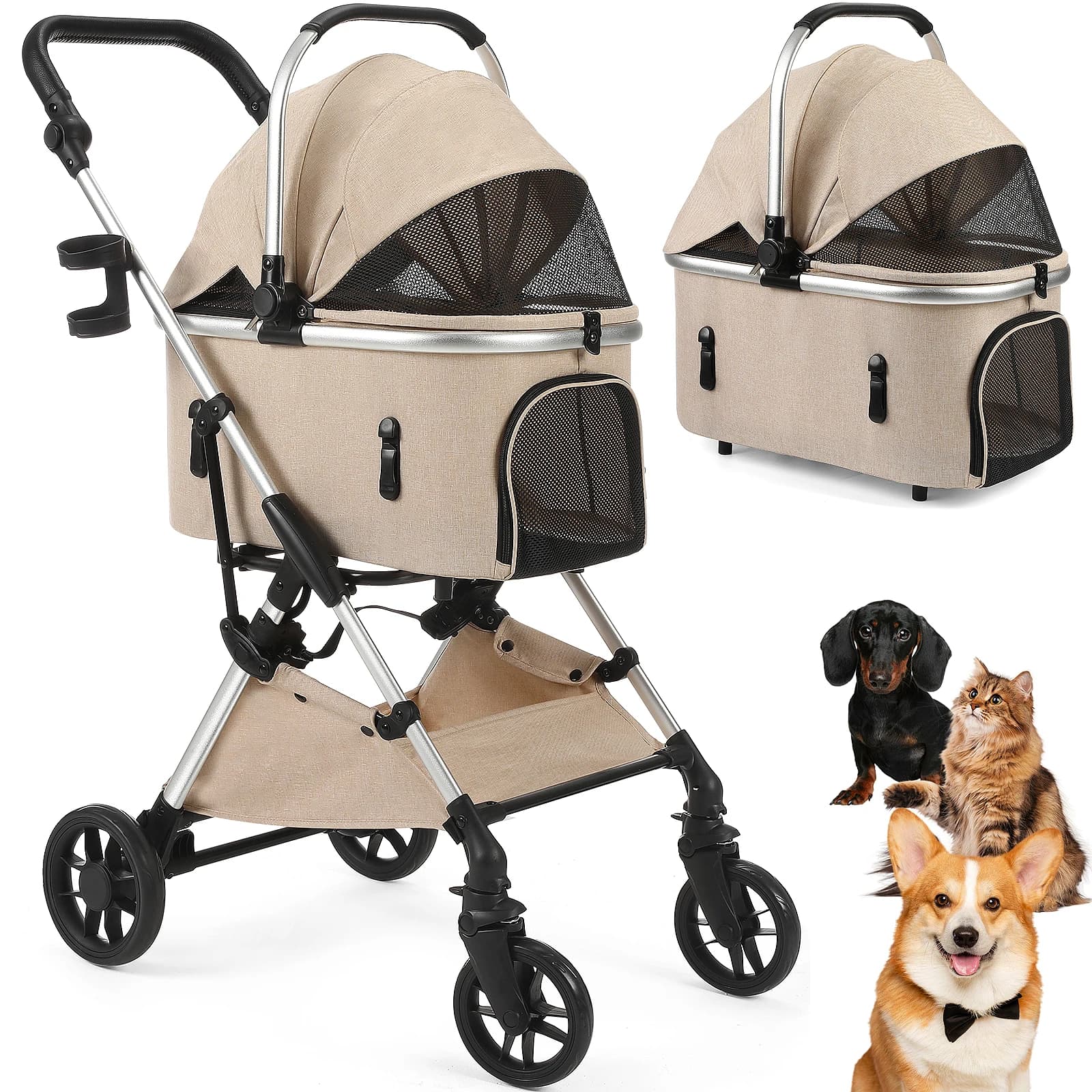 Faltbarer Kinderwagen mit Abdeckung, 4-Rad-Haustier-Kinderwagen für kleine/mittlere Hunde und Katzen mit Aufbewahrungskorb und Getränkehalter