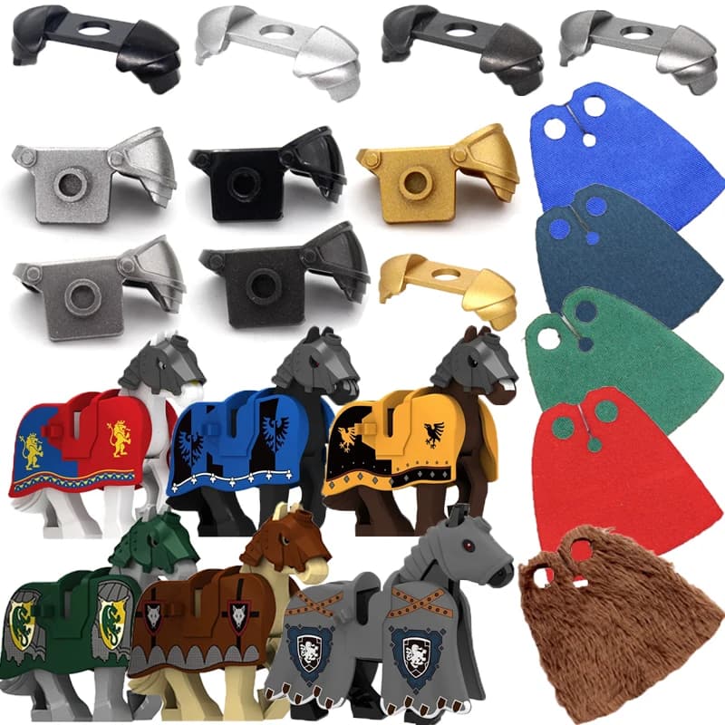 Militärische Bausteine, kompatible Soldatenfiguren, mittelalterliche Ritter, Waffen, Umhang, Schulter, gepanzertes Kriegspferd, Flaggen, Geschenke,