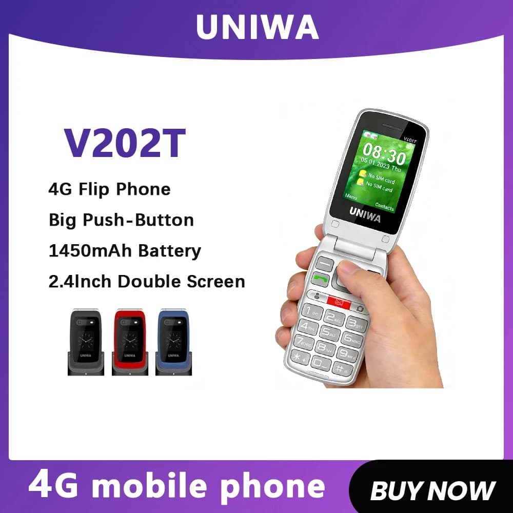 UNIWA V202T 4G Klapphandy mit Doppelbildschirm und Großen Tasten für Senioren, 1450mAh Akku, SOS-Funktion