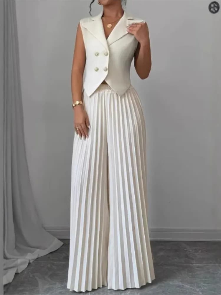 Frauen Fashion Solid Büro Anzug Beiläufige Dünne Taste Zwei Stück Set Elegante Drehen Unten Kragen Ärmellose Blazer & Falten Hosen outfits