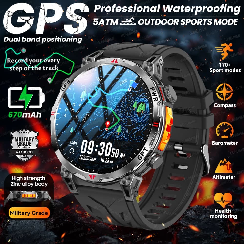 2026 Neue Outdoor GPS Sport-Smartwatch für Herren 1,56" AMOLED Kompass 5ATM Wasserdicht Chat GPT Drahtloser Anruf Gesundheits-Tracker Smartwatch