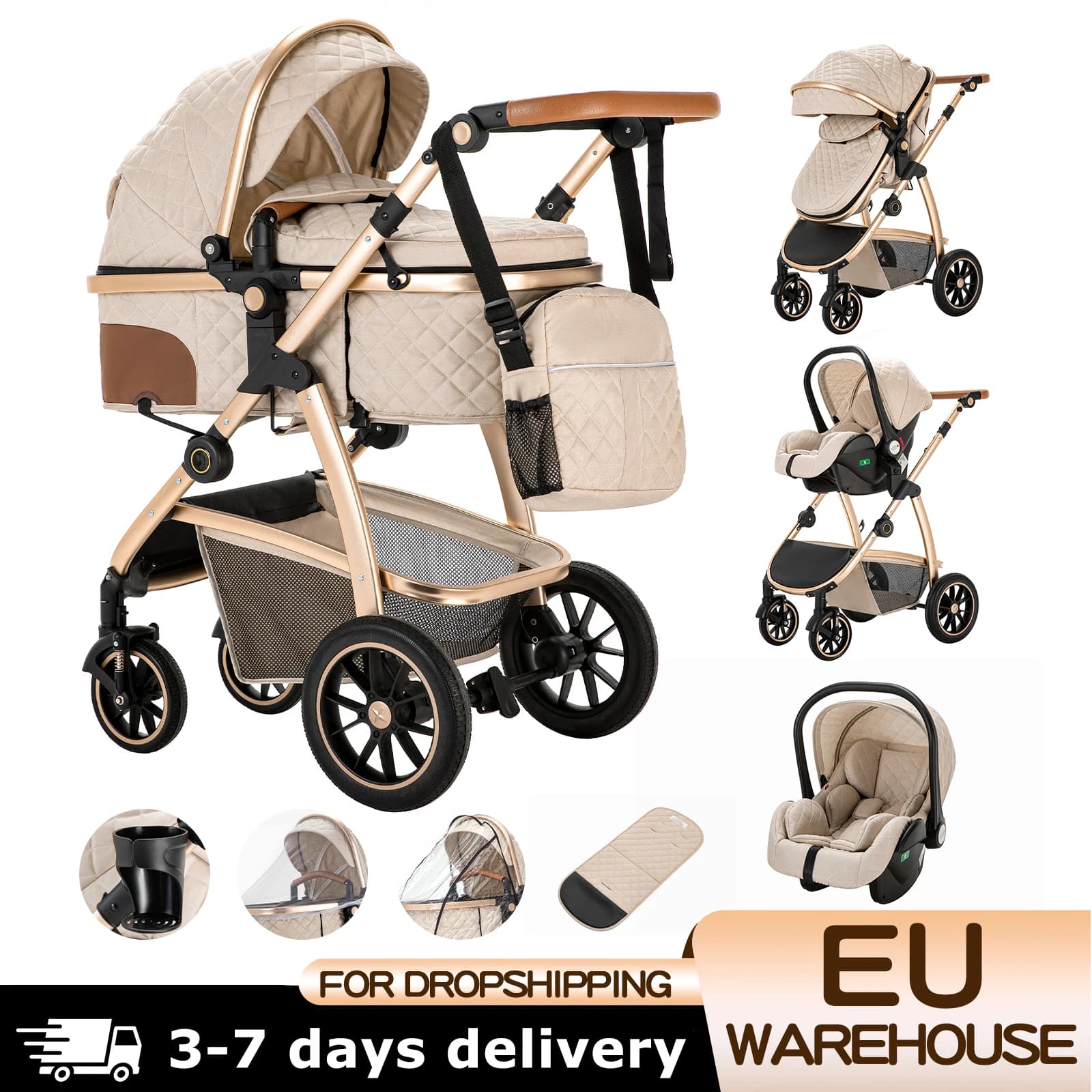 3-in-1-Babykinderwagen, Kinderwagen mit hoher Landschaft, verstellbarer Griff, Reise-Kinderwagen mit Moskitonetz, Kinderwagen, Aluminiumrahmen