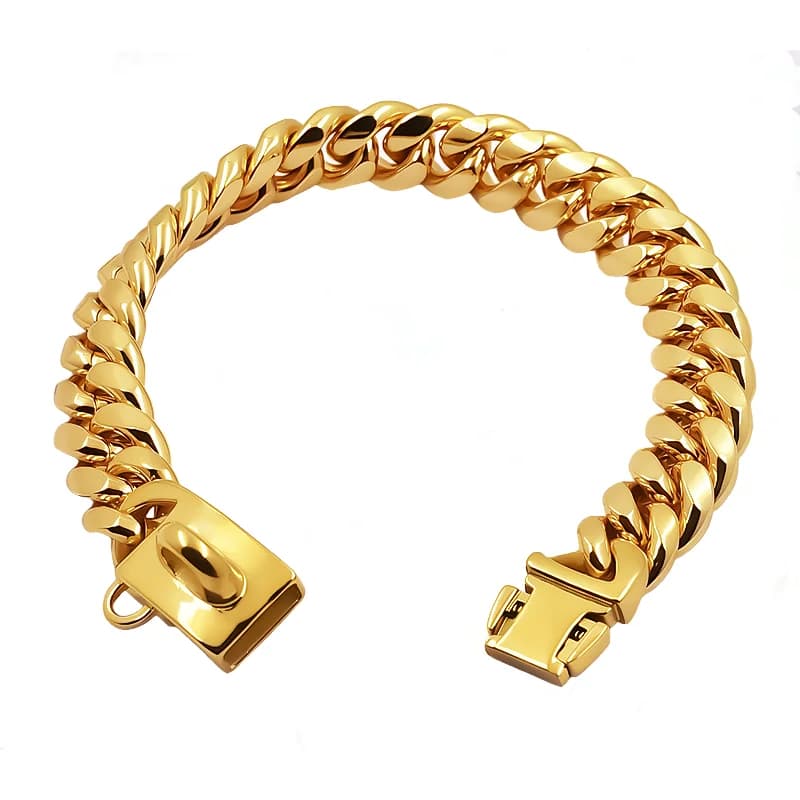Hundehalsband aus Metall, Edelstahl, goldene kubanische Gliederkette, 14 mm breit, für kleine, mittelgroße und große Hunde, Haustierzubehör