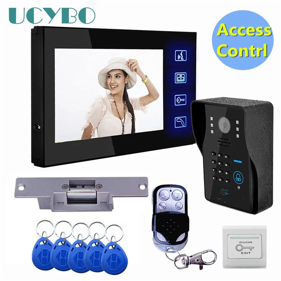 Video-Gegensprechanlage, 7 Zoll LCD-Video-Türsprechanlage, RFID-Türzugangskontroll-Set, Kamera, elektrisches Türöffnerschloss, kabellose